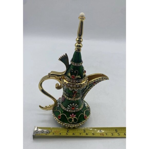 Signed Qifu Green Enamel Jeweled Arabian Nights Trinket  Stash Ring Vanity Box - Picture 10 of 12